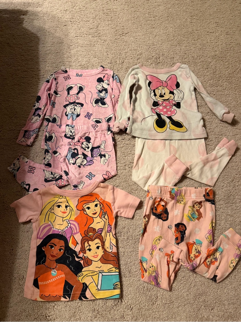 Disney Pink and White Girls Pajama Set Bundle with Minnie & Princesses